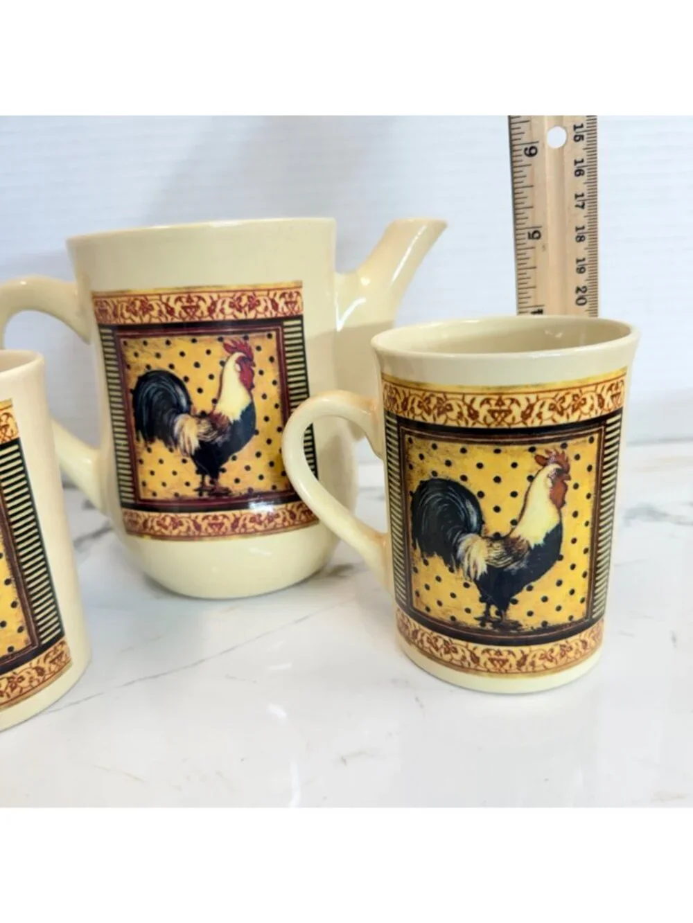 VTG Bay Island Inc Rooster Ceramic Teapot & Mugs 3-Piece Set Farmhouse Decor